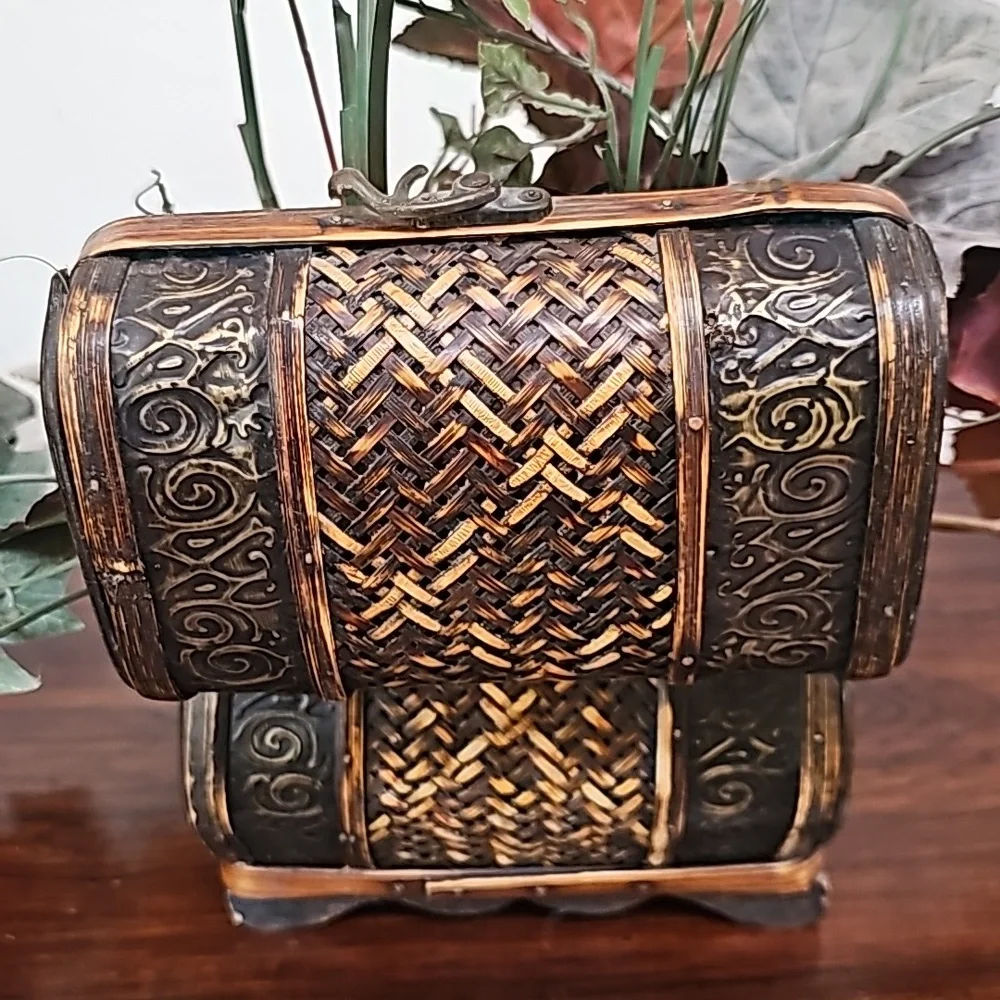 Vintage faux plant in wooden chest box decoration